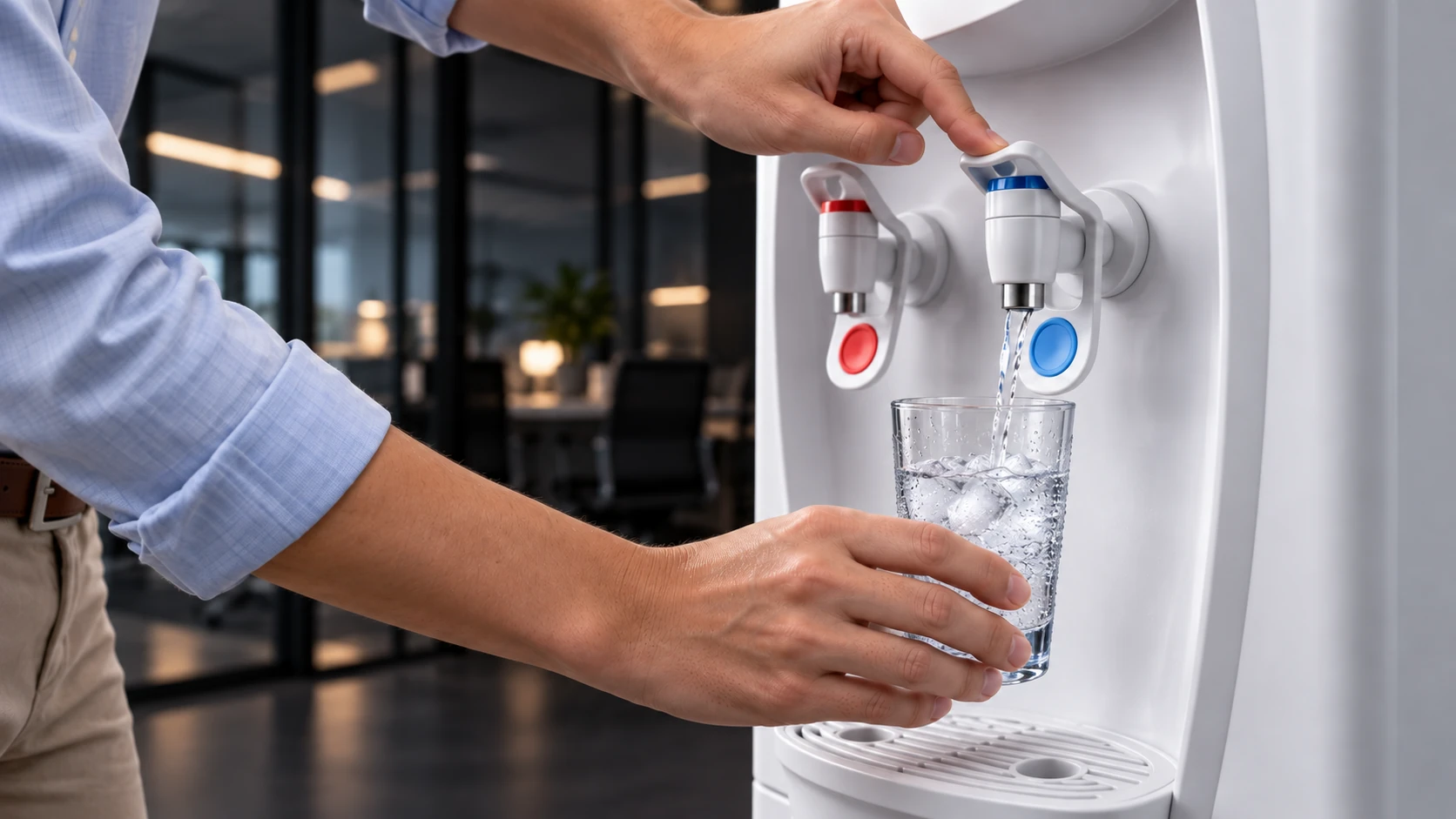 Persona sirviéndose agua fría en un dispenser Aquapuel